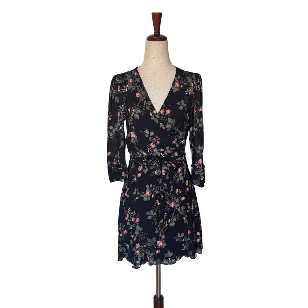 Reformation Zoe Black Floral Wrap Mini Dress Size Medium